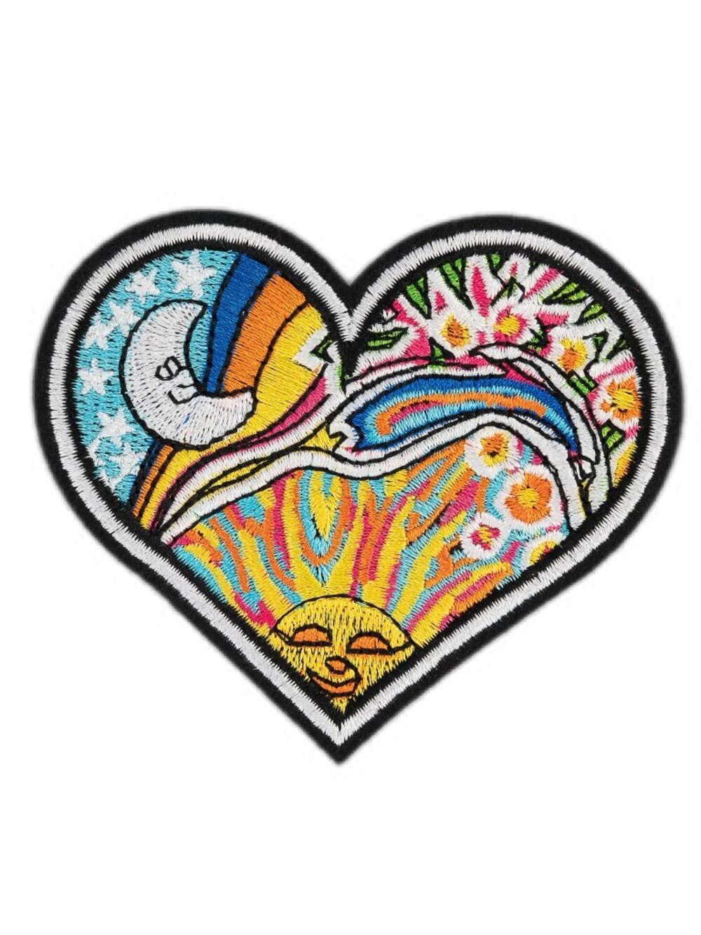 Celestial Heart Embroidered Iron On Patch Sun Moon Rainbow Floral Boho